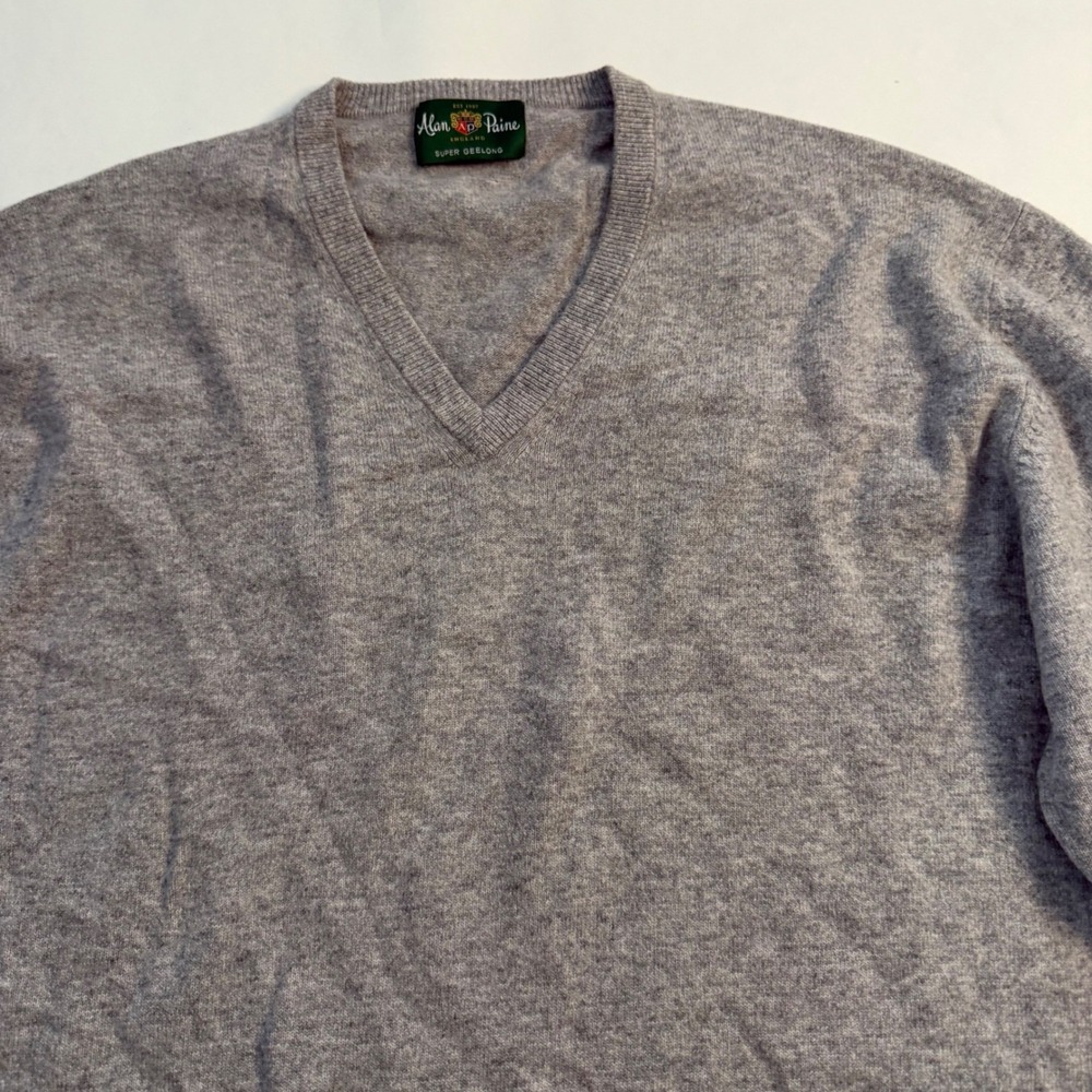 Alan Paine Men Grey V Neck Super Geelong Lambswool Sweater XXL 48 Old Money Core - Picture 7 of 8